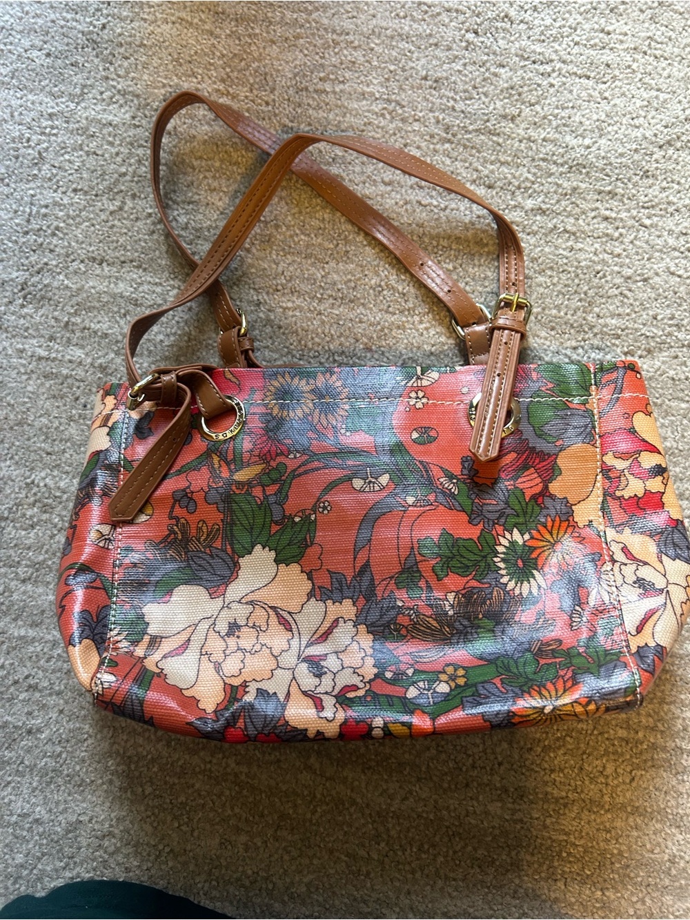 Sakroots Floral Shoulder Tote in Coral with Brown Straps